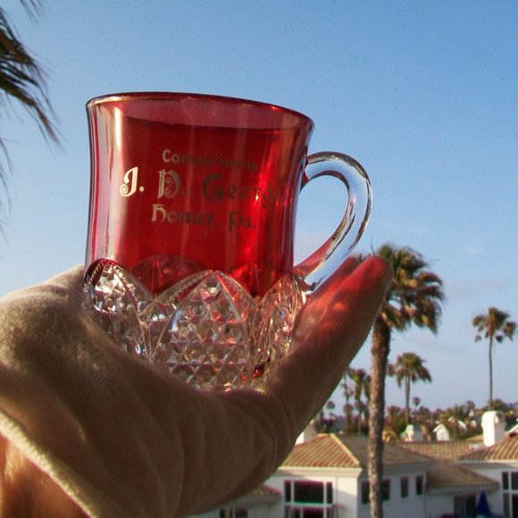RUBY Flash Pressed Glass EAPG Complimentary Cup J D George Homer PA Silver Print - Picture 2 of 8
